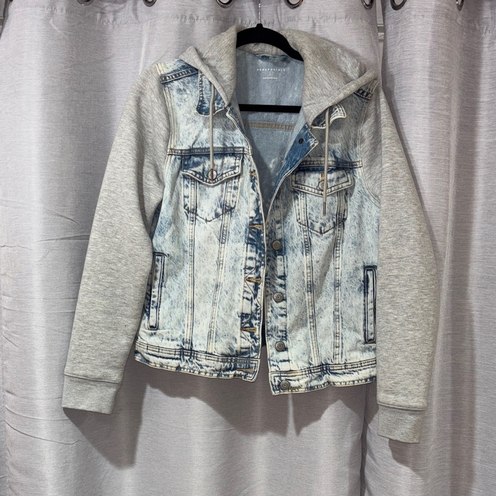 Denim and Gray Hooded Jacket
